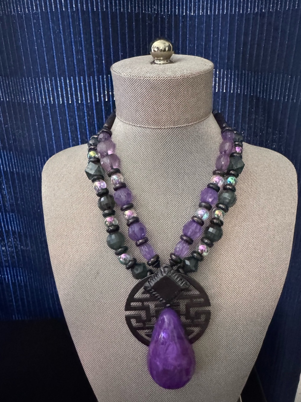 Handcrafted Purple Statement Necklace with Carved Pendant